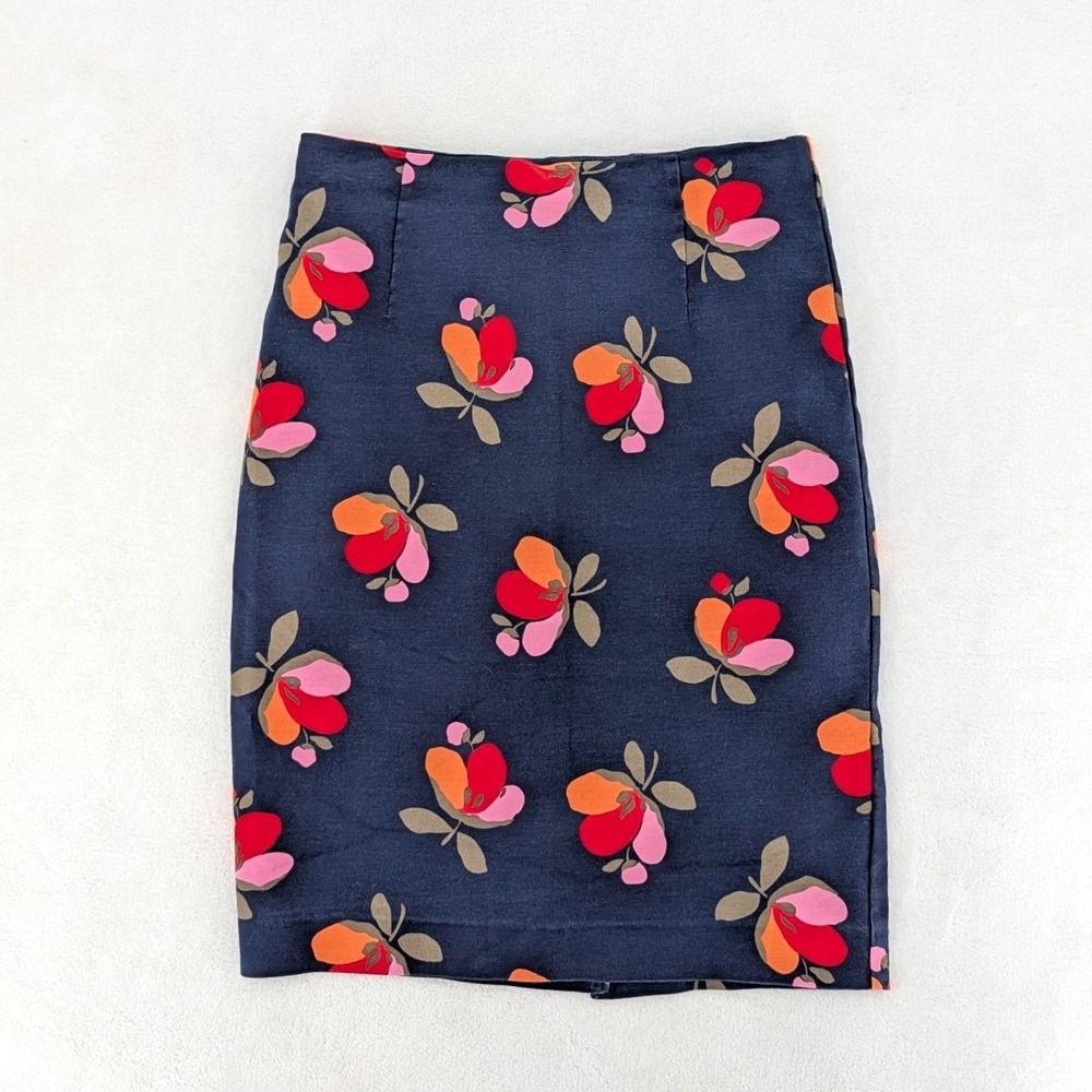 Boden Navy‎ Floral Cotton Blend Pencil Skirt Retro Print Size 6P